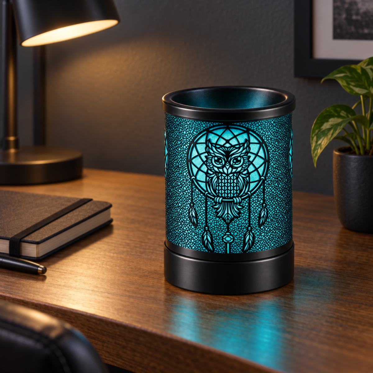 Turquoise glowing owl dreamcatcher wax warmer displayed on a home office desk