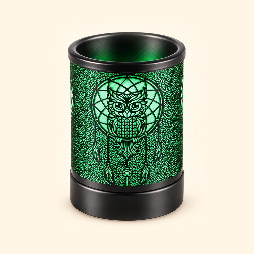 Green glowing owl dreamcatcher electric wax warmer on a warm ivory background