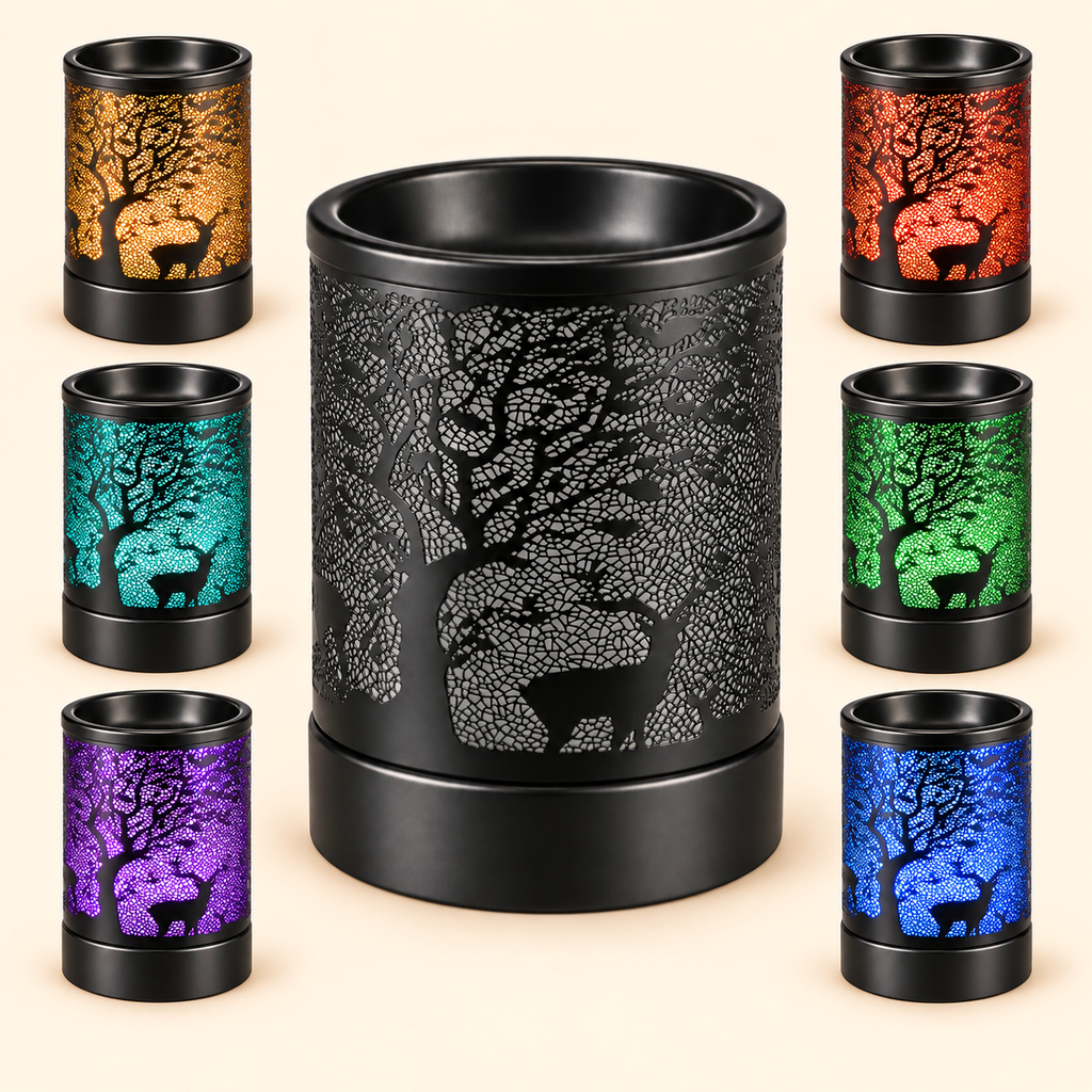 Color-changing deer and tree wax warmer shown unlit with gold, turquoise, purple, red, green and blue light options.