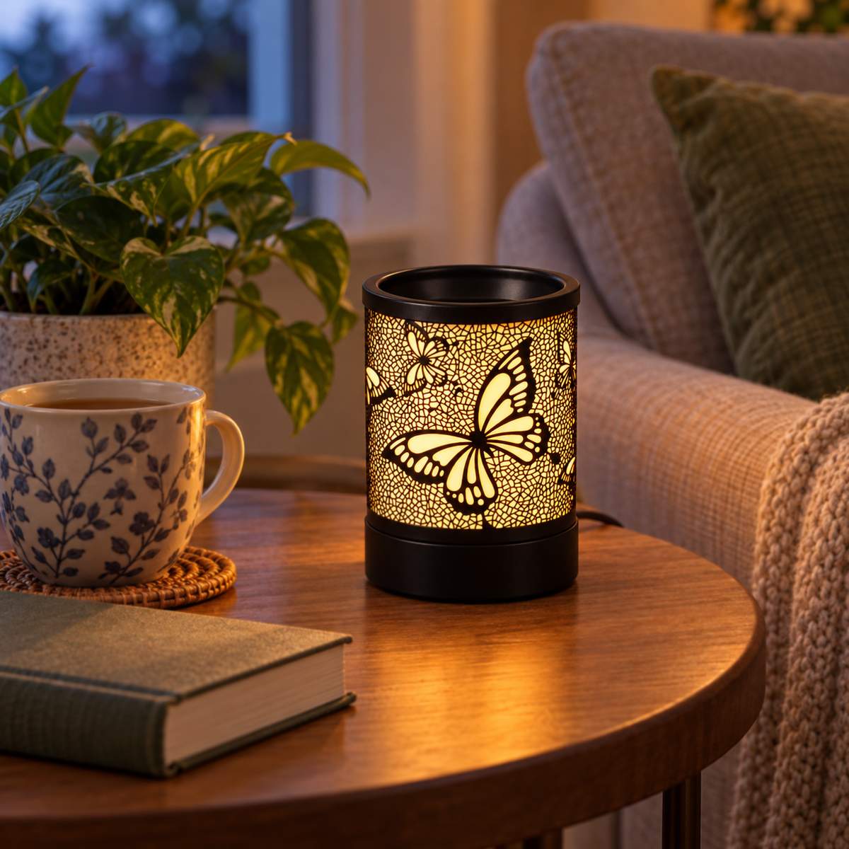 Illuminated butterfly wax warmer on a round side table beside a tea mug, book and houseplant.