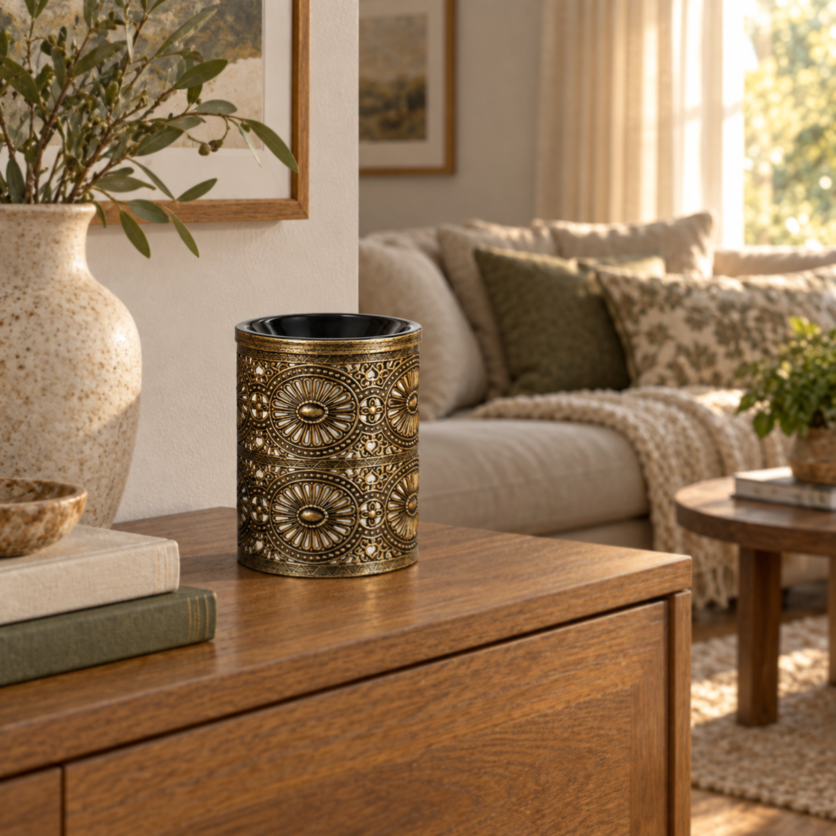 Vintage bronze wax warmer switched off on an oak console in a naturally lit living room.