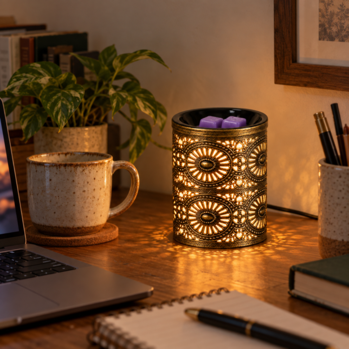 Illuminated bronze wax warmer with purple wax melts on a home office desk beside a laptop and coffee mug.