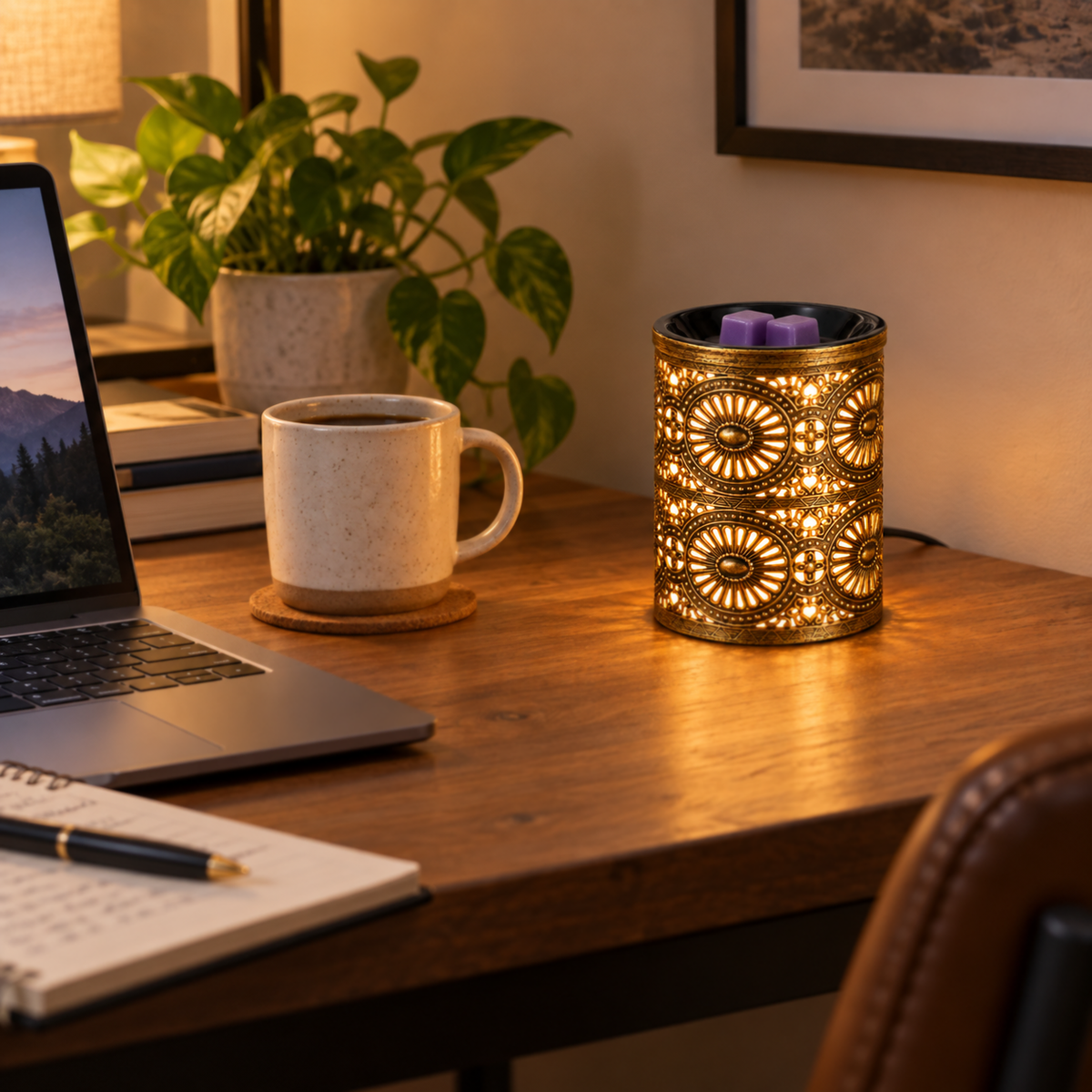 Illuminated bronze wax warmer with purple wax melts on a home office desk beside a laptop and coffee mug.