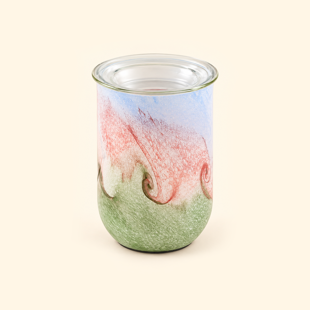 Blush Sage Swirl glass illumination wax warmer switched off on a warm cream background.