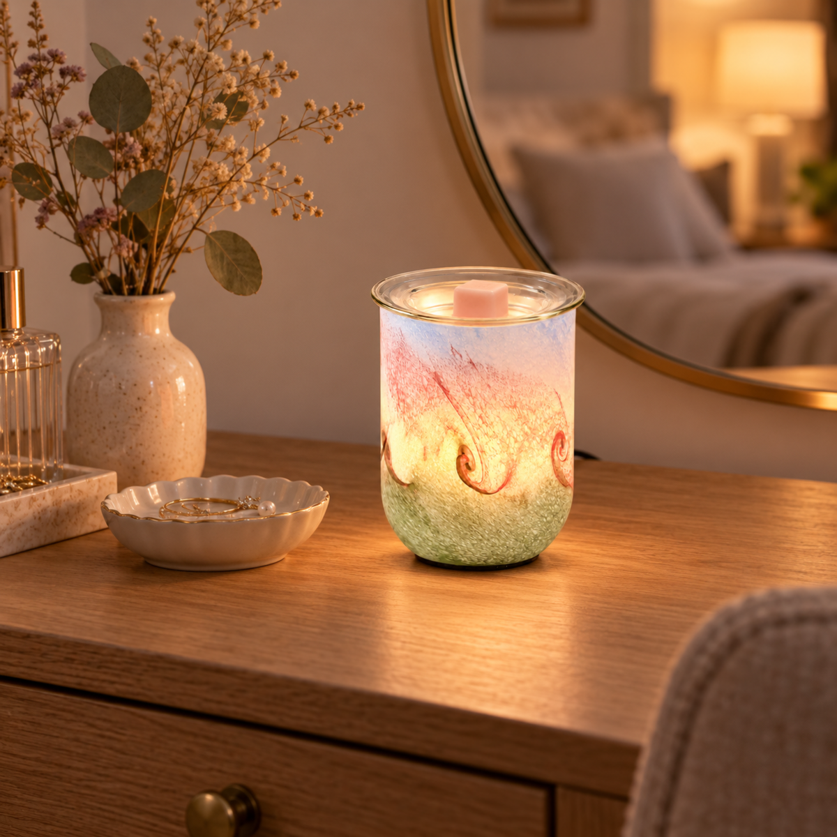 Glowing Blush Sage Swirl glass wax warmer with a pink wax melt on a wooden bedroom dressing table.
