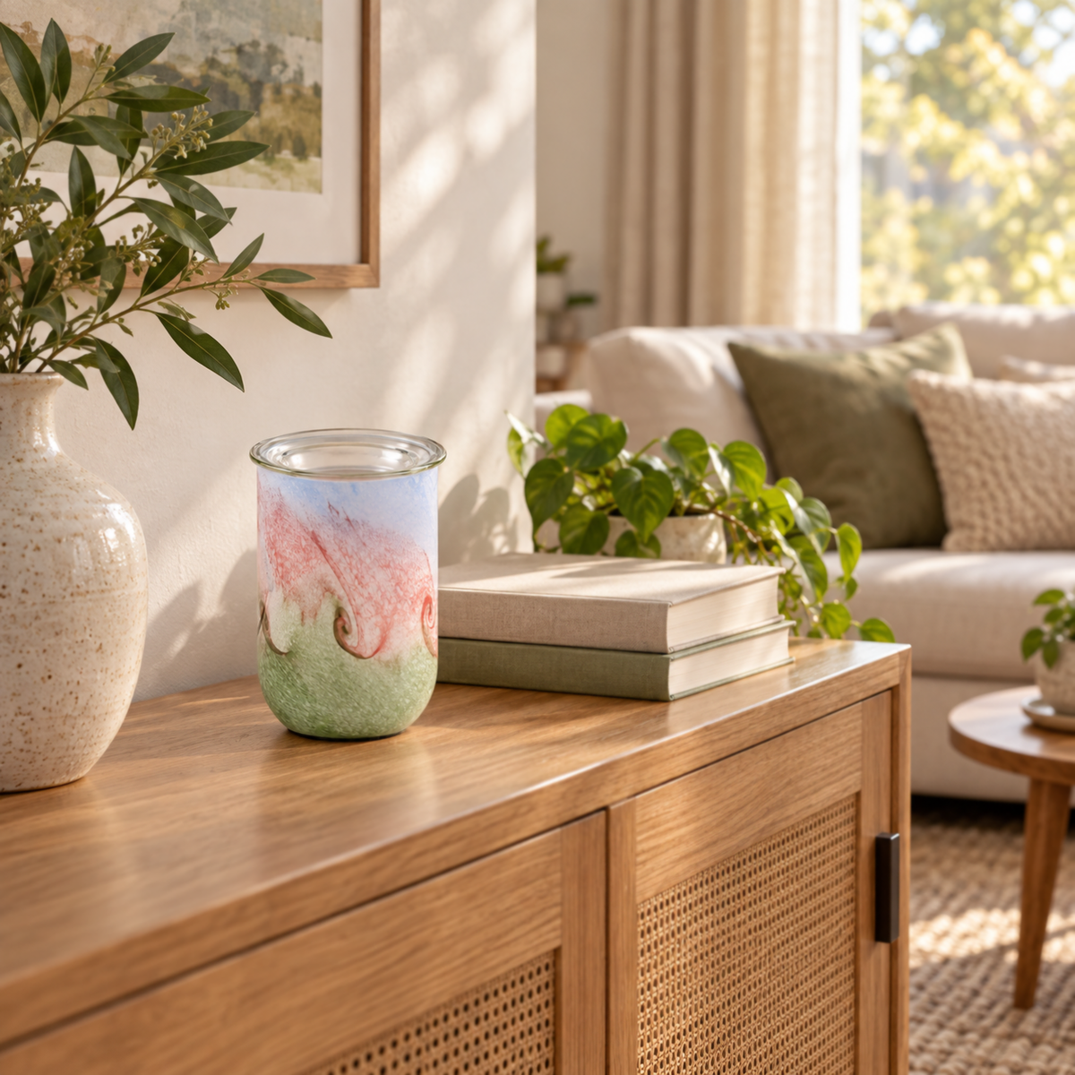 Blush Sage Swirl glass wax warmer switched off on an oak console in a sunlit living room.