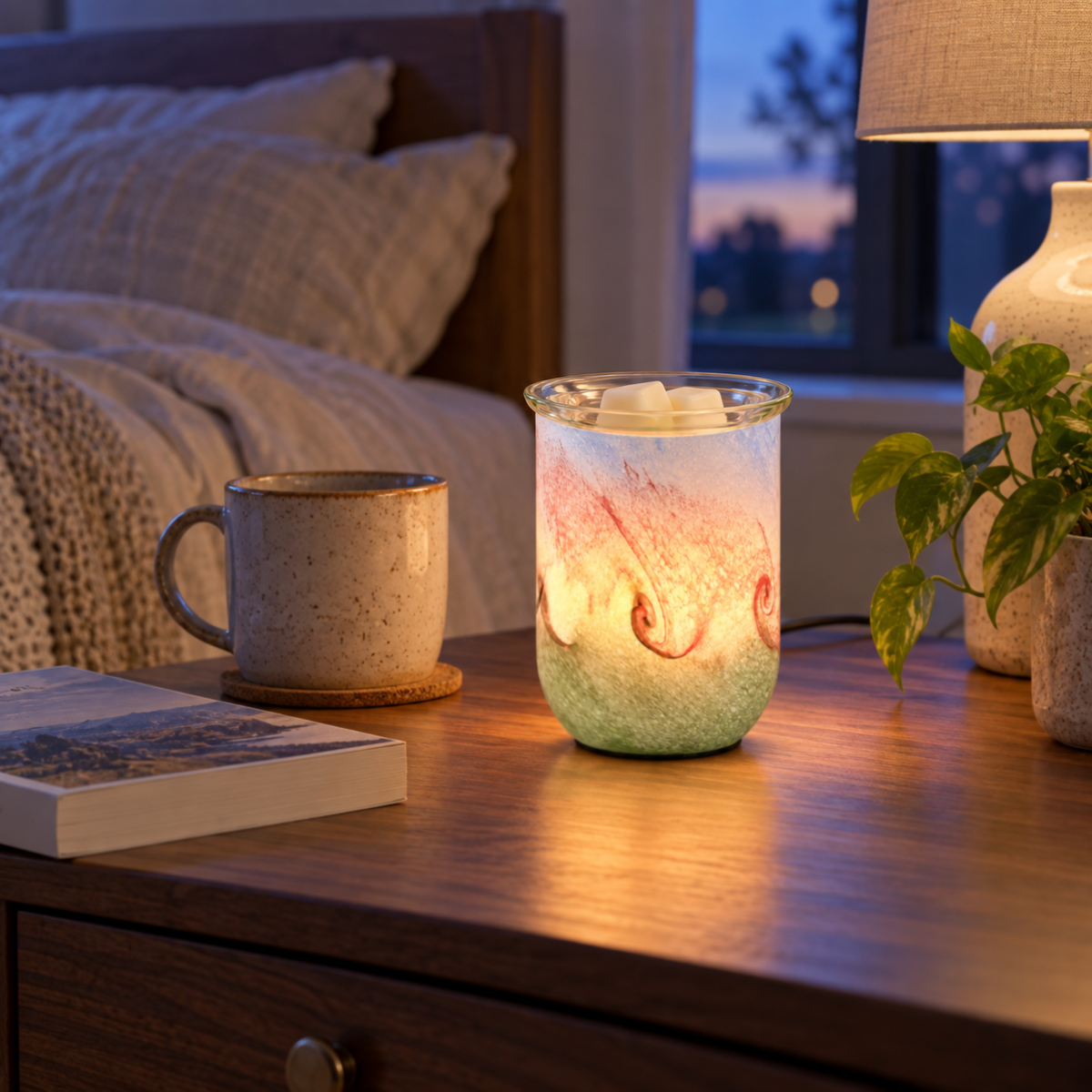 Glowing Blush Sage Swirl glass wax warmer with ivory wax melts on a wooden bedroom nightstand at dusk.