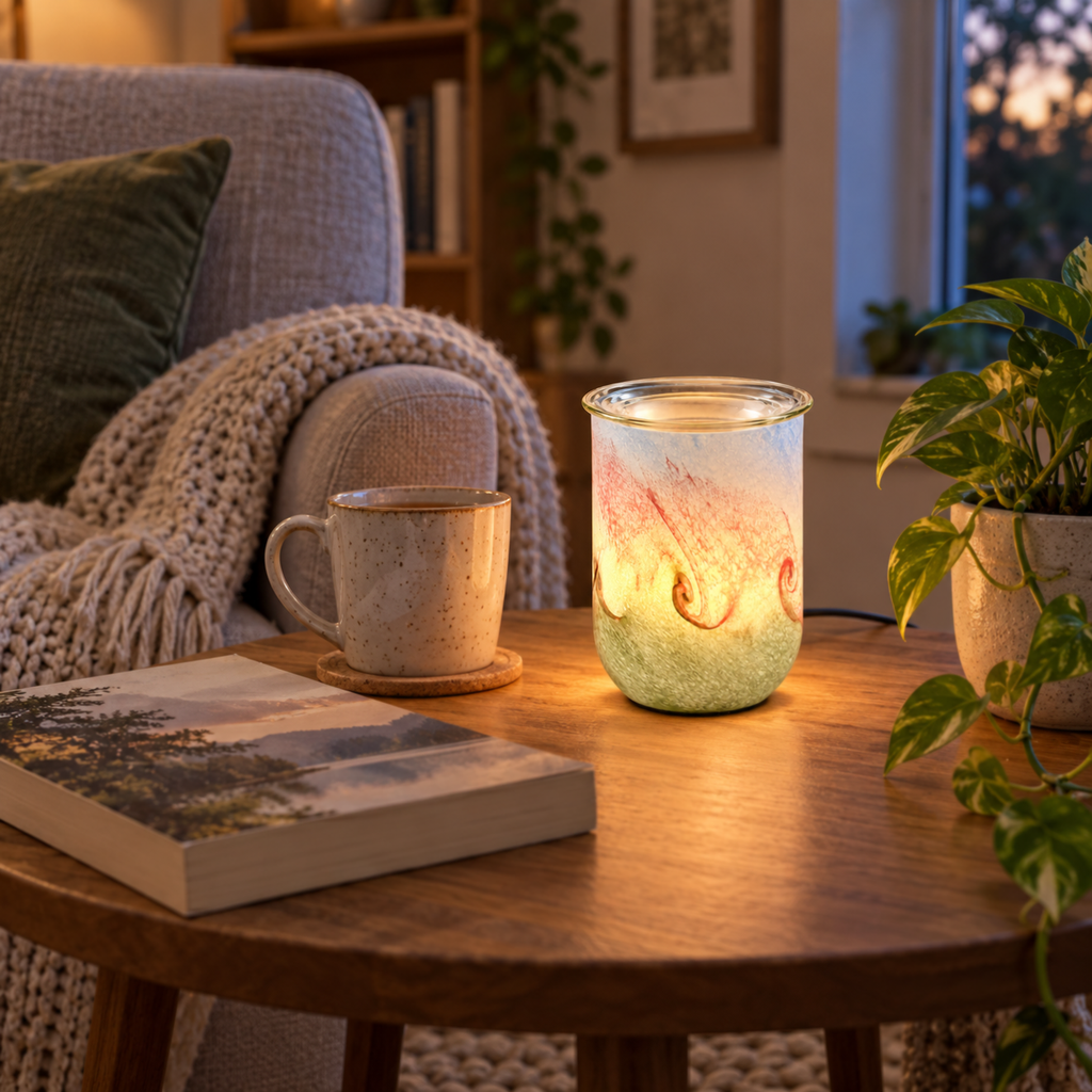 Illuminated Blush Sage Swirl glass wax warmer on a reading table beside a mug, book and houseplant.