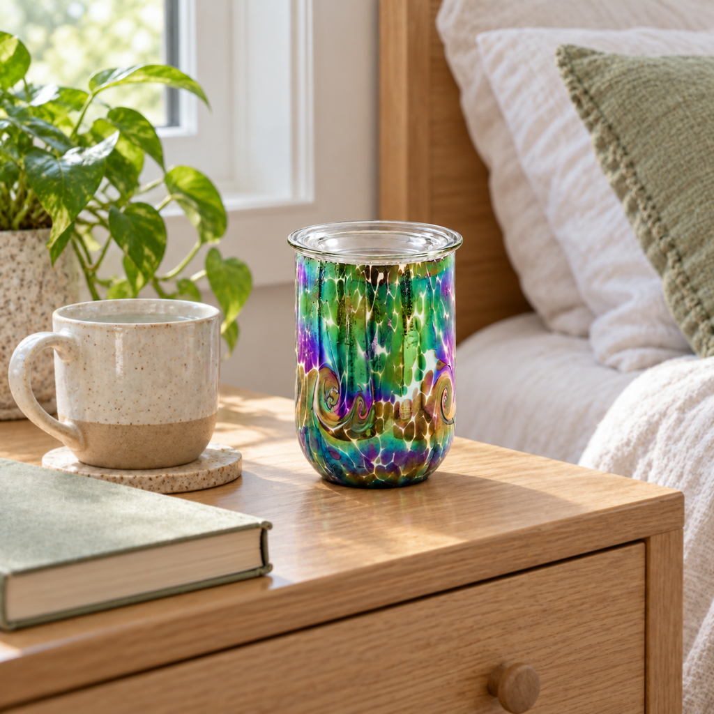 Multicolor Swirl glass wax warmer switched off on a bedroom table beside a ceramic mug and book.