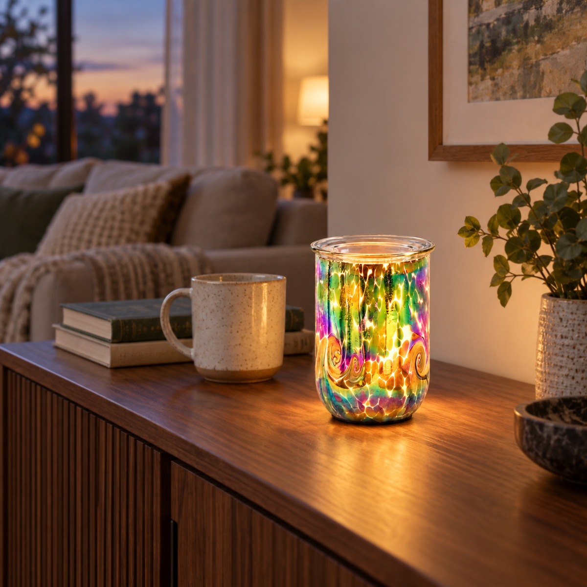 Glowing Multicolor Swirl glass wax warmer on a walnut living room console beside a mug and books.