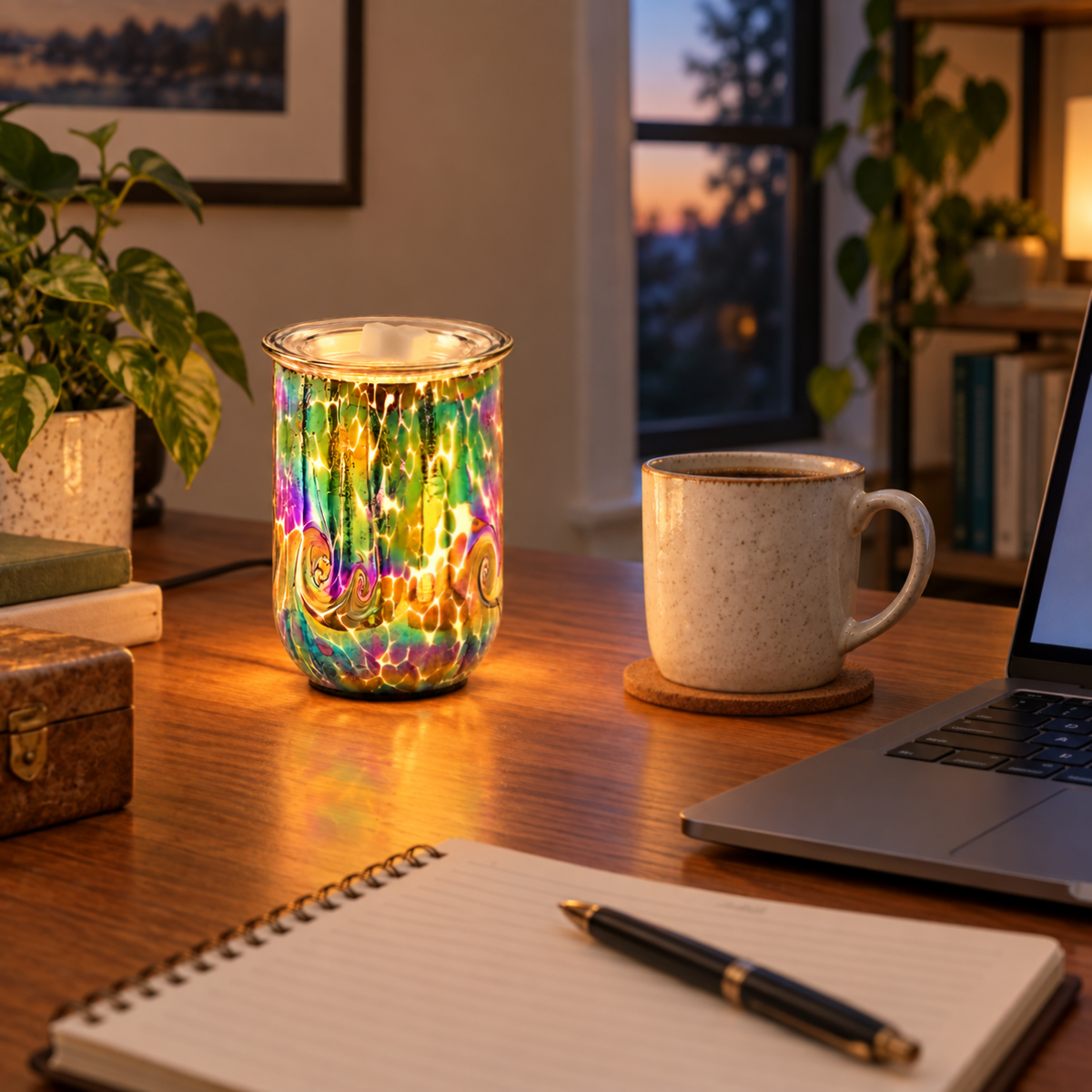 Illuminated Multicolor Swirl glass wax warmer with ivory wax melts on a wooden home office desk.