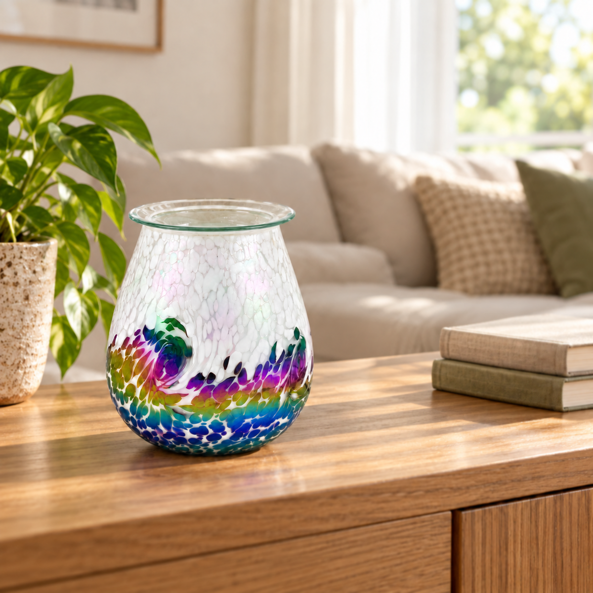 Prismatic Tide glass wax warmer switched off on a sunlit wooden living room console.