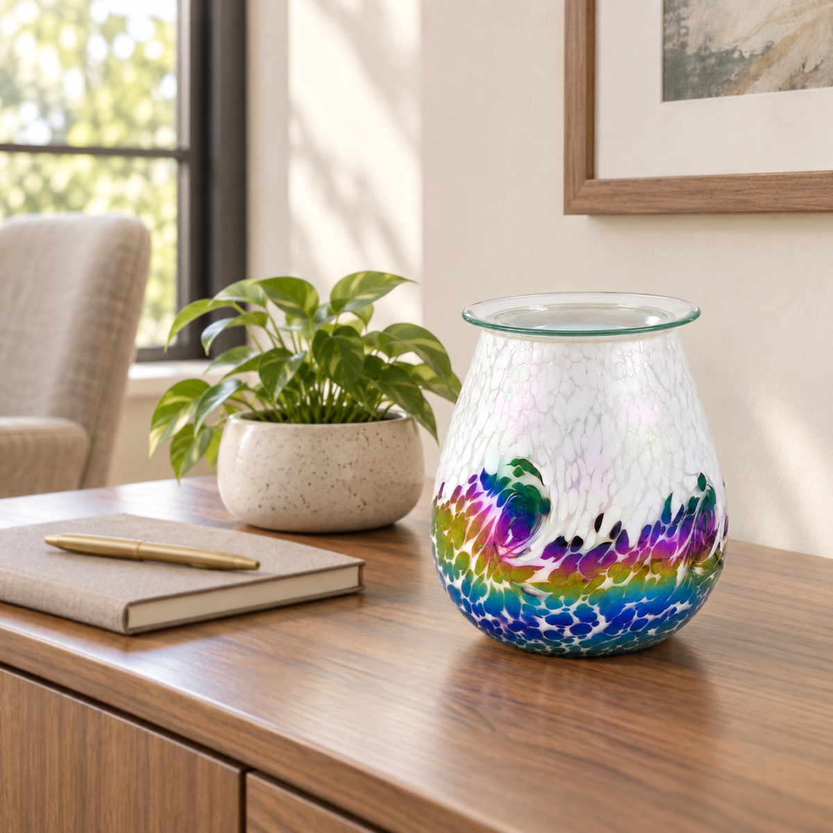 Prismatic Tide glass wax warmer switched off beside a notebook and plant in a home office.