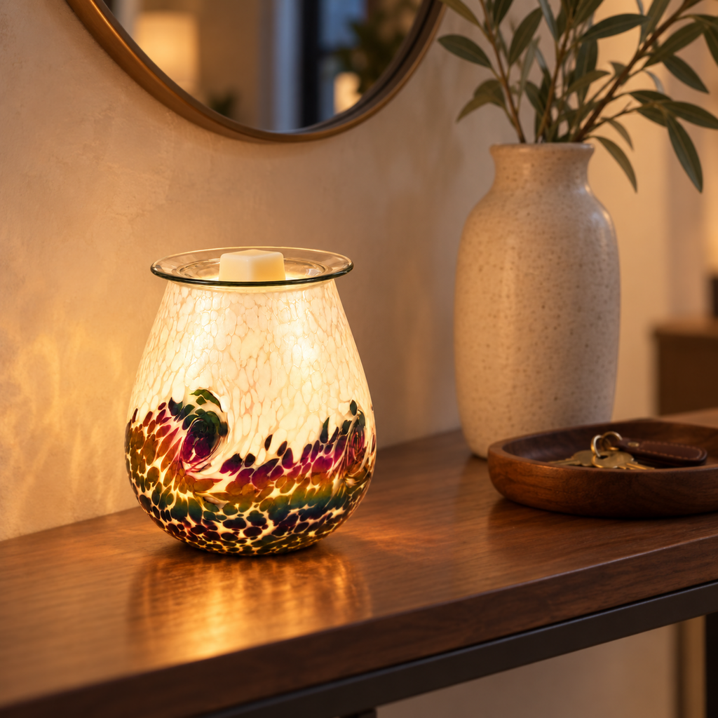 Glowing Prismatic Tide glass wax warmer on a walnut entryway console beside a vase and key tray.