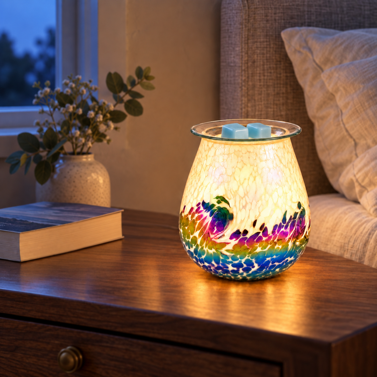 Glowing Prismatic Tide glass wax warmer with blue wax melts on a walnut bedroom nightstand.