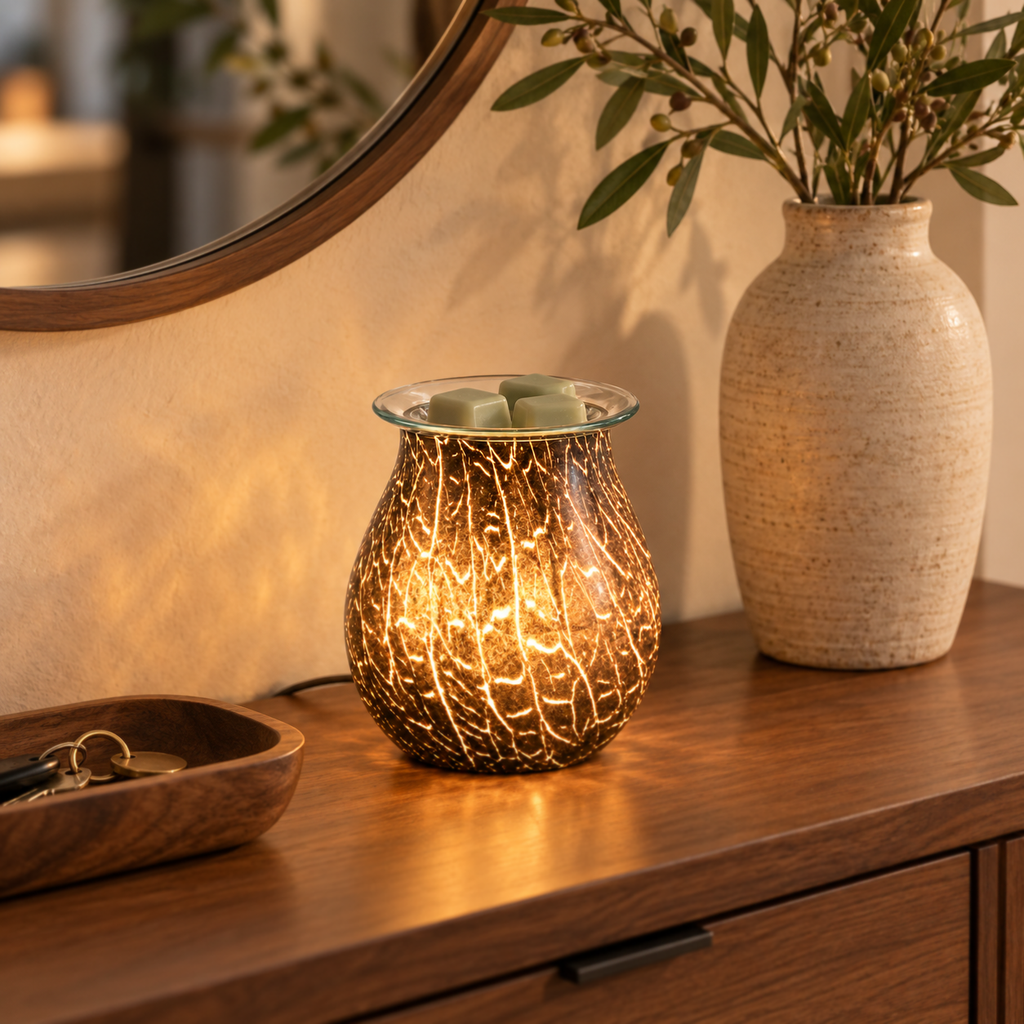 Illuminated smoked crackle glass wax warmer with sage wax melts displayed on an entryway console.