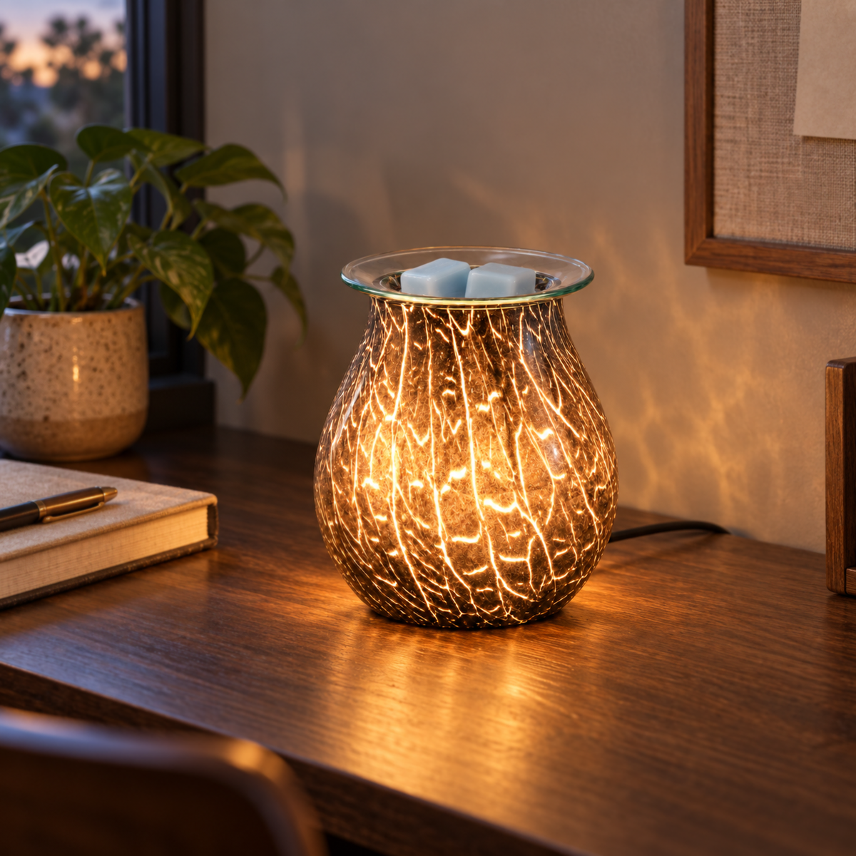 Glowing smoked crackle glass wax warmer with pale blue wax melts displayed on a dark wood home office desk.