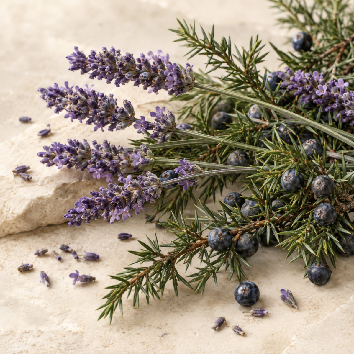 Purple lavender flowers with juniper branches and dark blue berries on a warm ivory background
