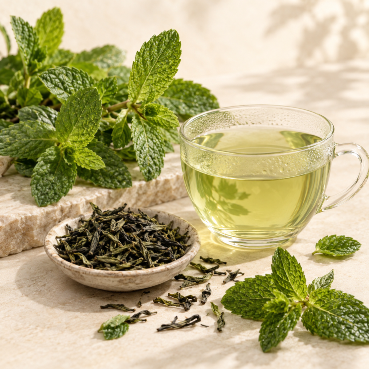 Fresh mint leaves, loose green tea and a clear cup of pale green tea