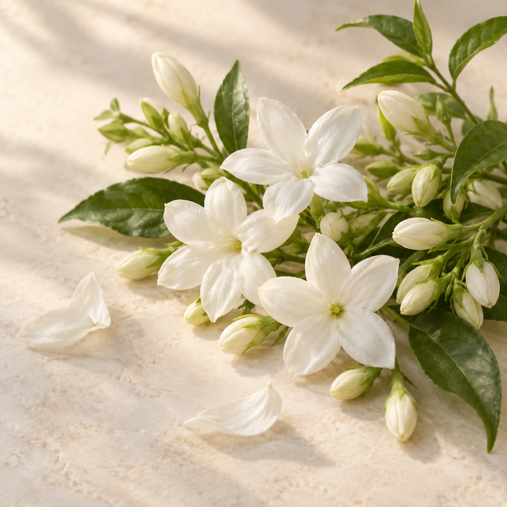 White jasmine blossoms and buds with green leaves on a warm ivory background