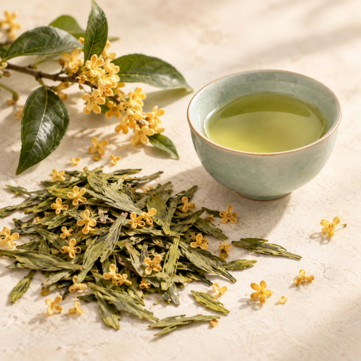 Longjing green tea leaves, golden osmanthus blossoms and a celadon tea cup
