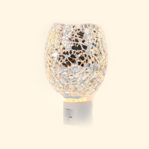 Clear Crystal Mosaic Pluggable Wax Warmer with transparent mosaic glass, front view.