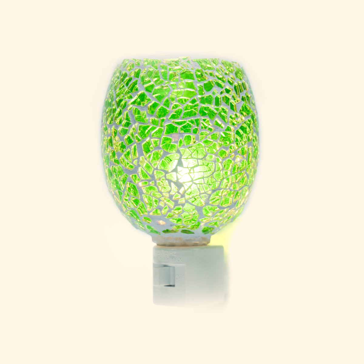 Emerald Mosaic Pluggable Wax Warmer with green mosaic glass, front view.