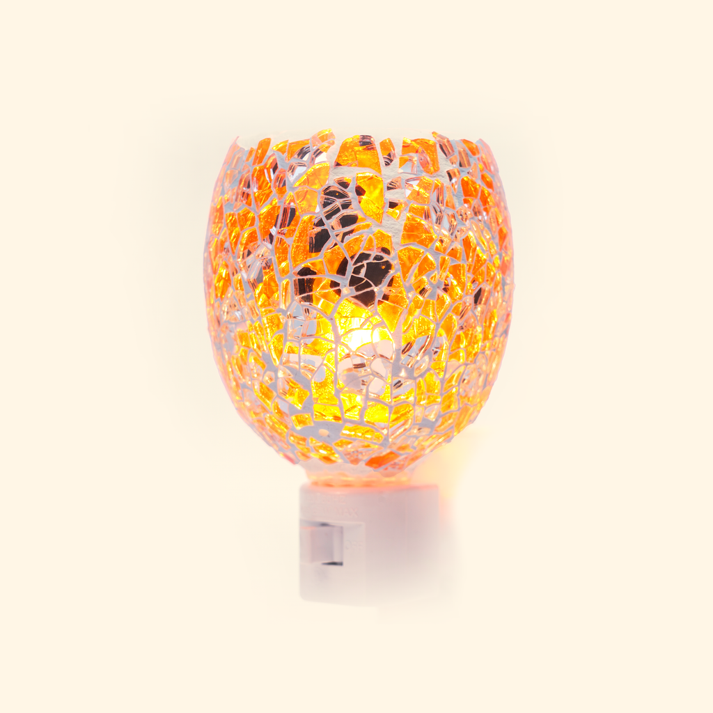 Golden Amber Mosaic Pluggable Wax Warmer with amber mosaic glass, front view.