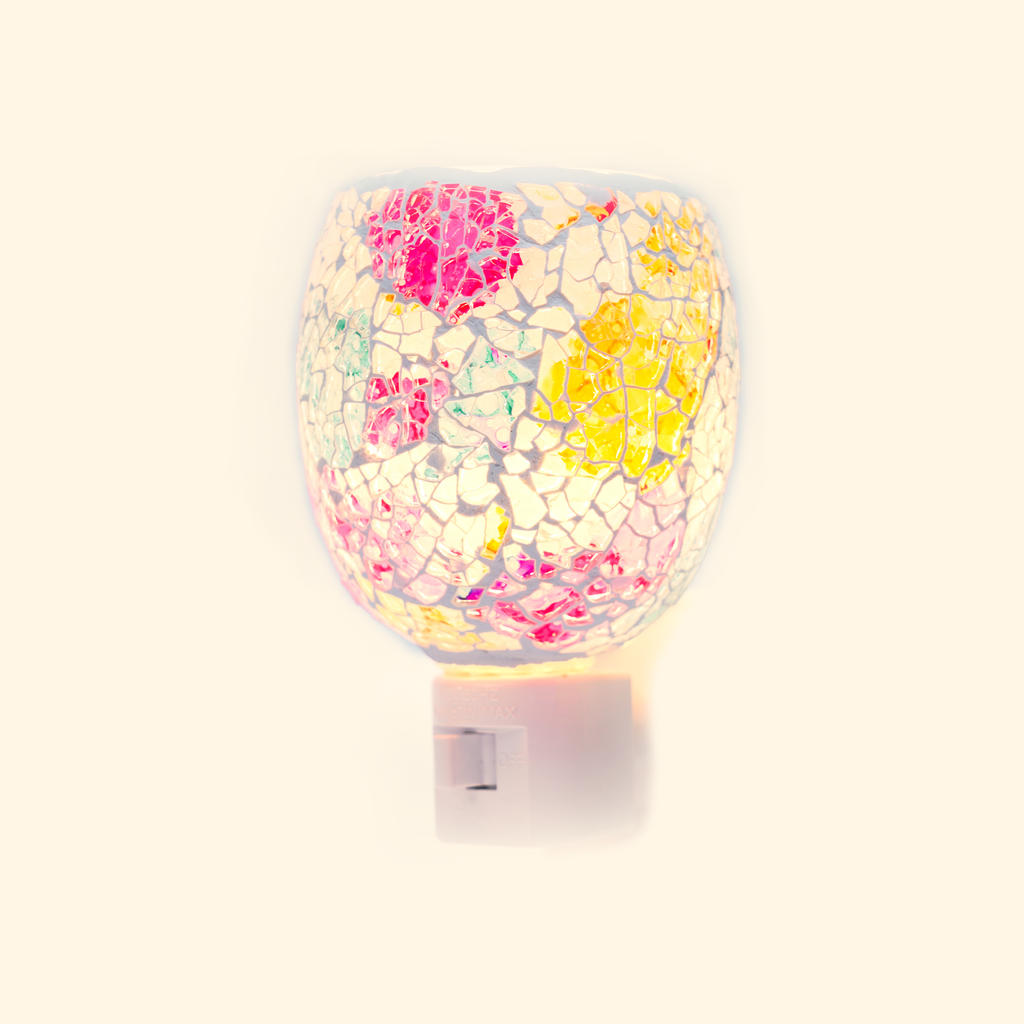 Wildflower Mosaic Pluggable Wax Warmer with multicolored mosaic glass, front view.