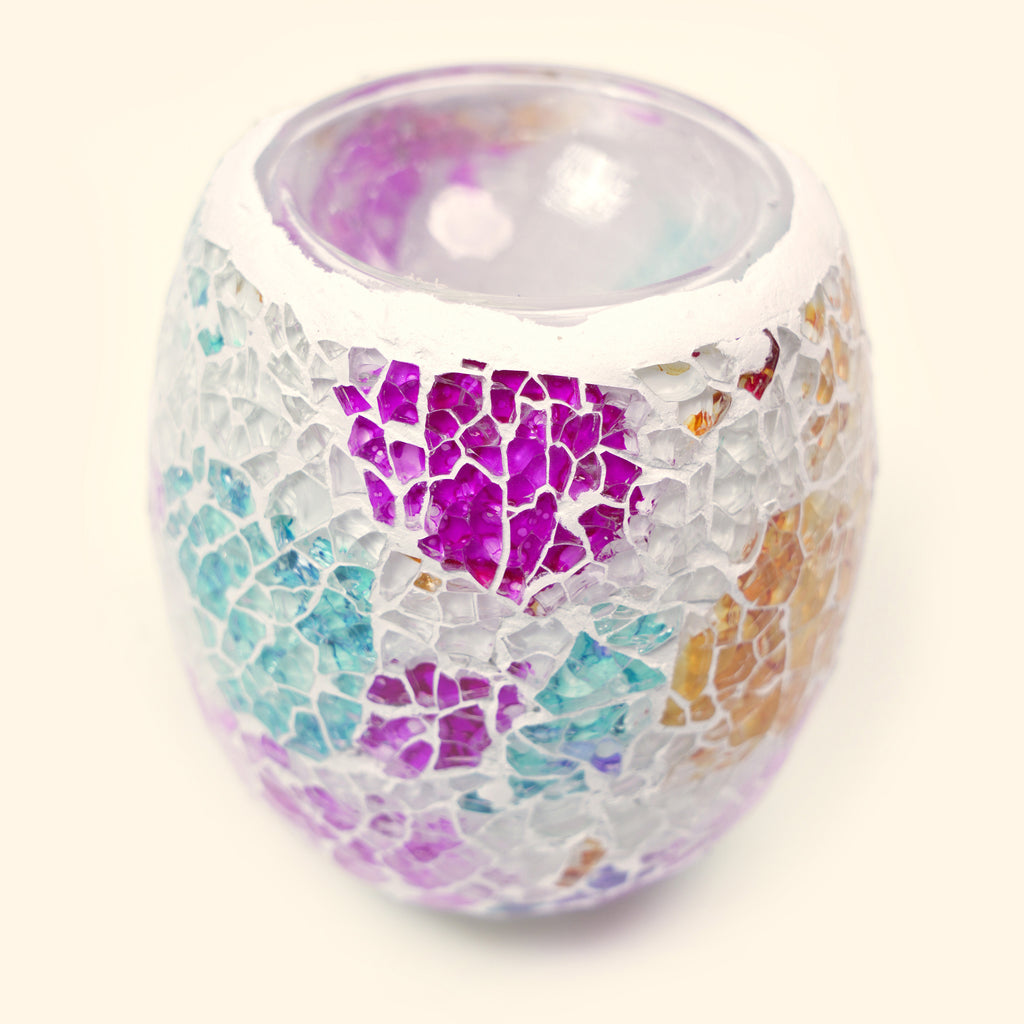 Close-up of the multicolored mosaic glass shade on the Wildflower Mosaic Pluggable Wax Warmer.