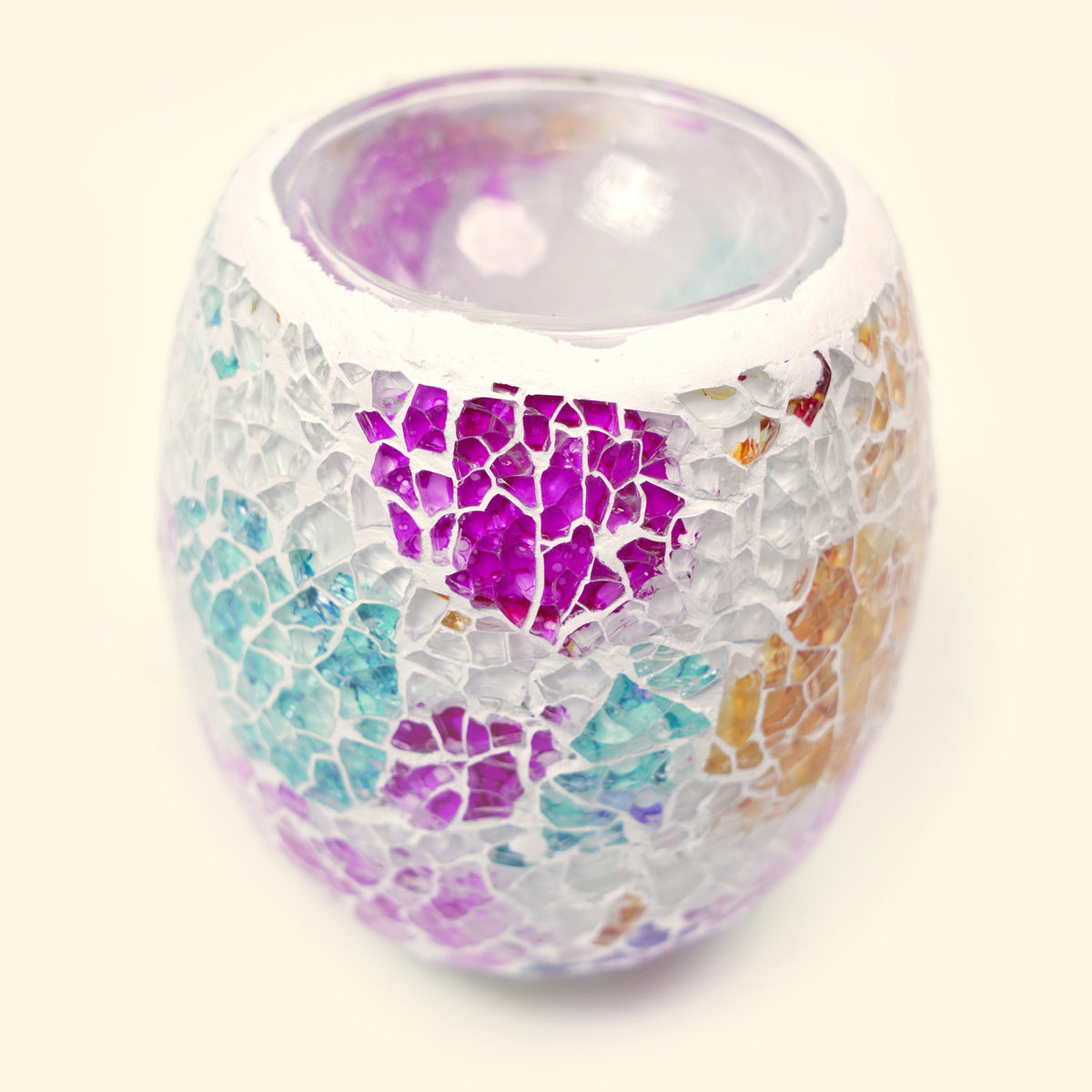 Close-up of the multicolored mosaic glass shade on the Wildflower Mosaic Pluggable Wax Warmer.