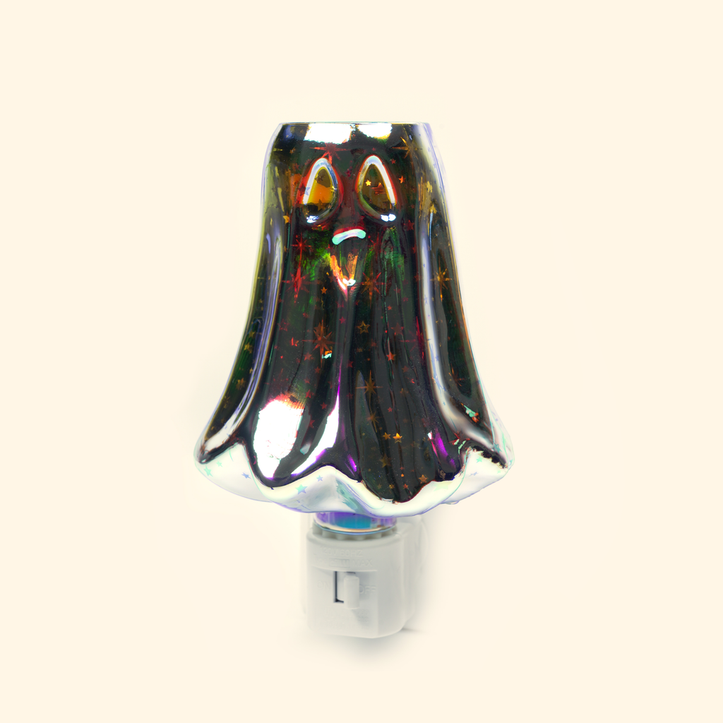 Close-up of the iridescent glass shade with colorful firework details while unlit.