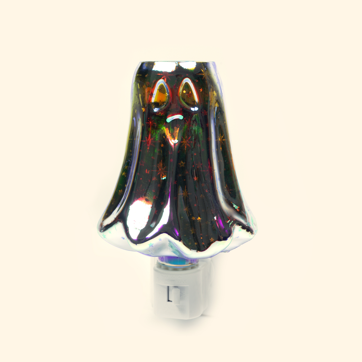 Close-up of the iridescent glass shade with colorful firework details while unlit.