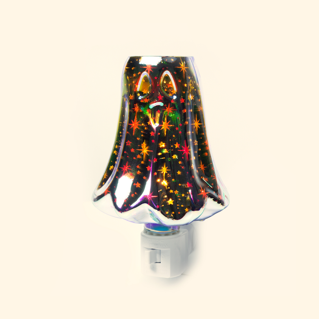 Iridescent Ghost Firework Pluggable Wax Warmer with iridescent ghost-shaped glass, front view.