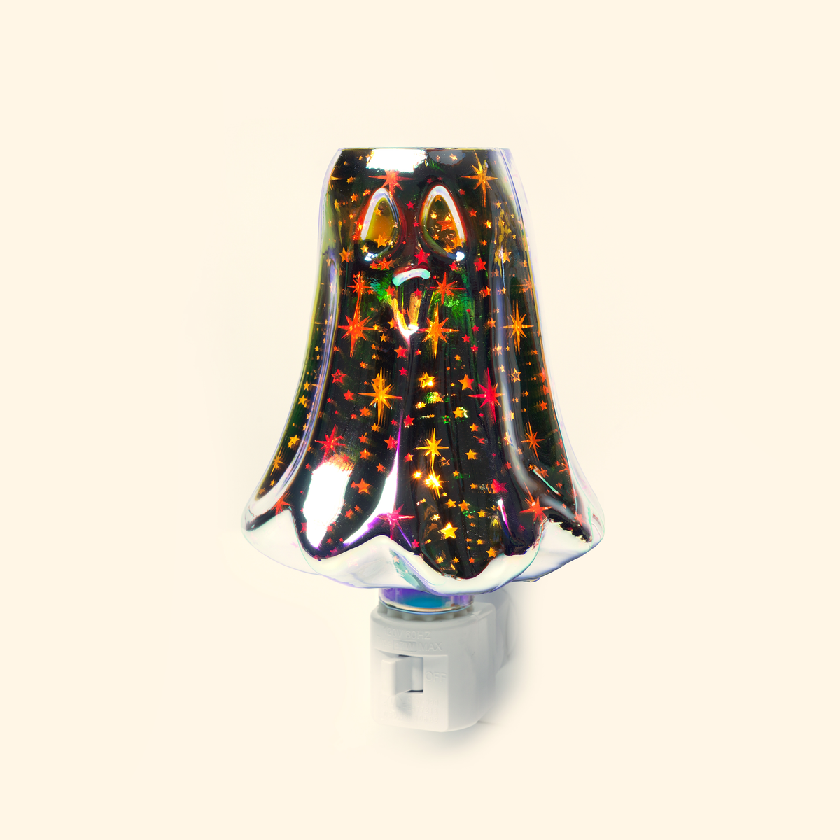 Iridescent Ghost Firework Pluggable Wax Warmer with iridescent ghost-shaped glass, front view.