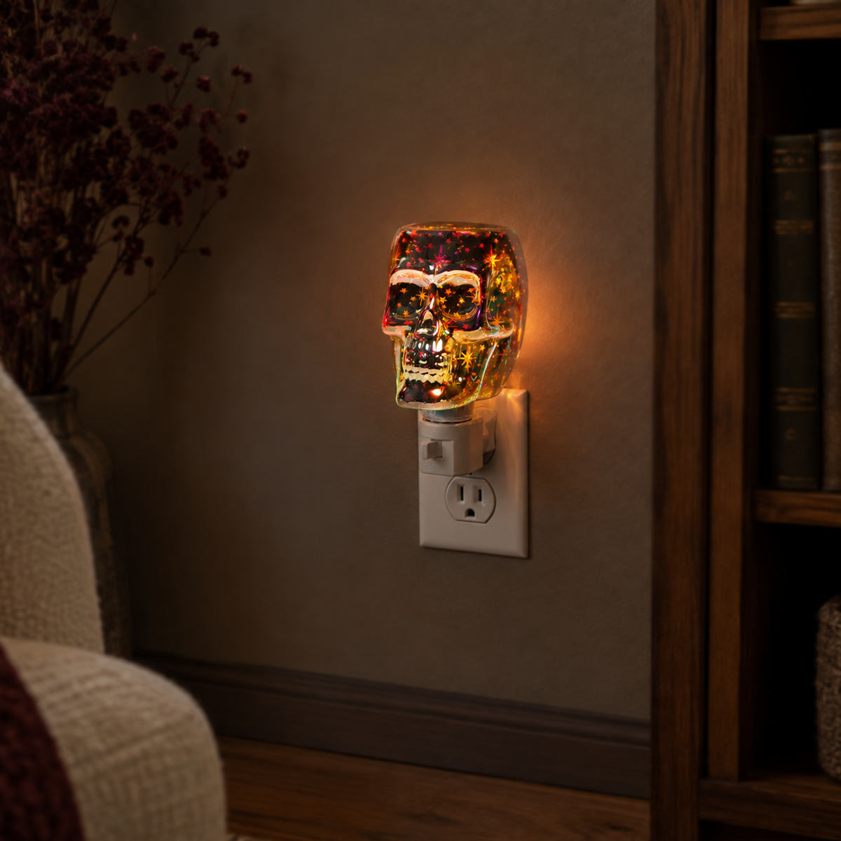 Illuminated skull wax warmer casting a warm glow in a cozy home setting.