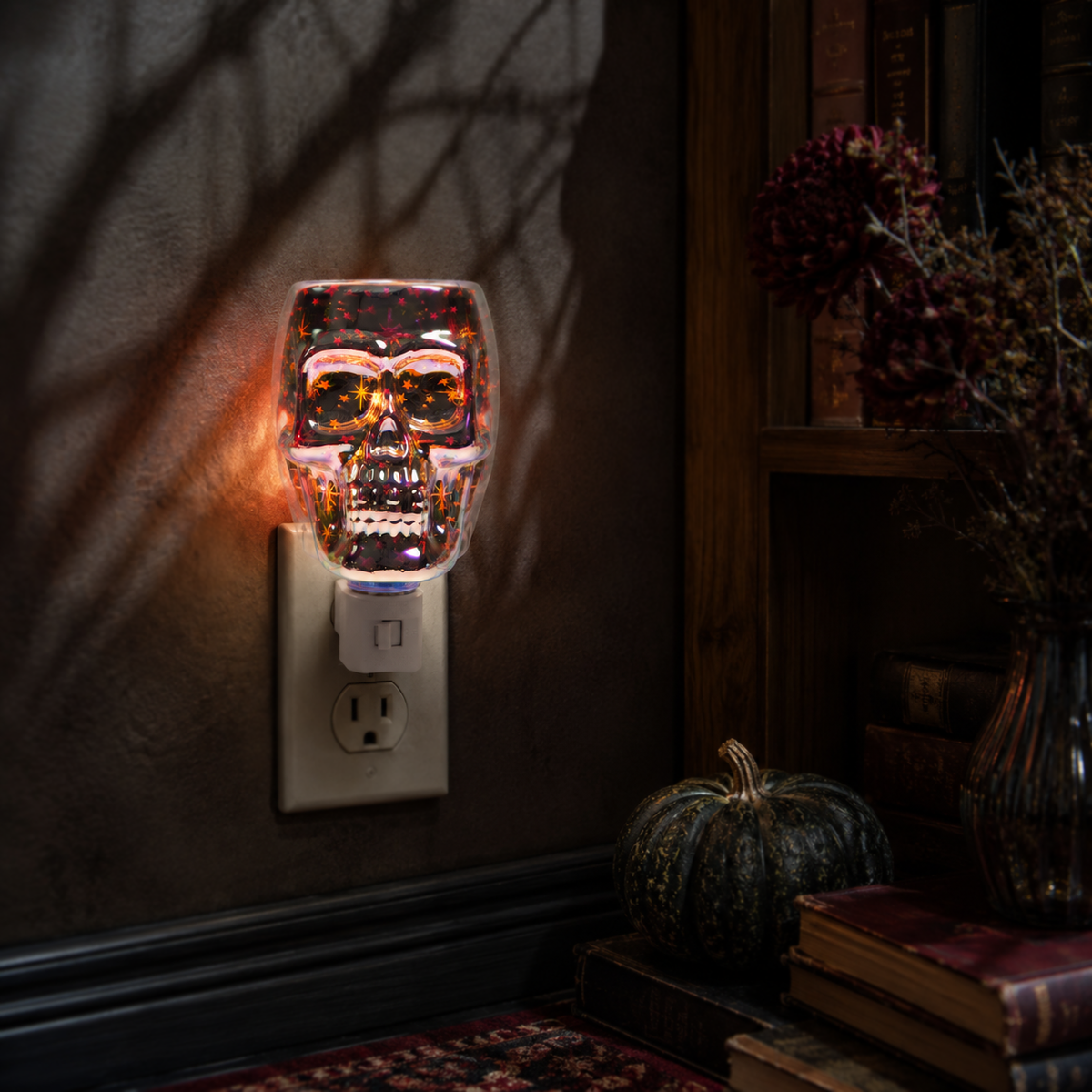 Halloween plug-in wax warmer displayed beside autumn decor in a dark seasonal interior.