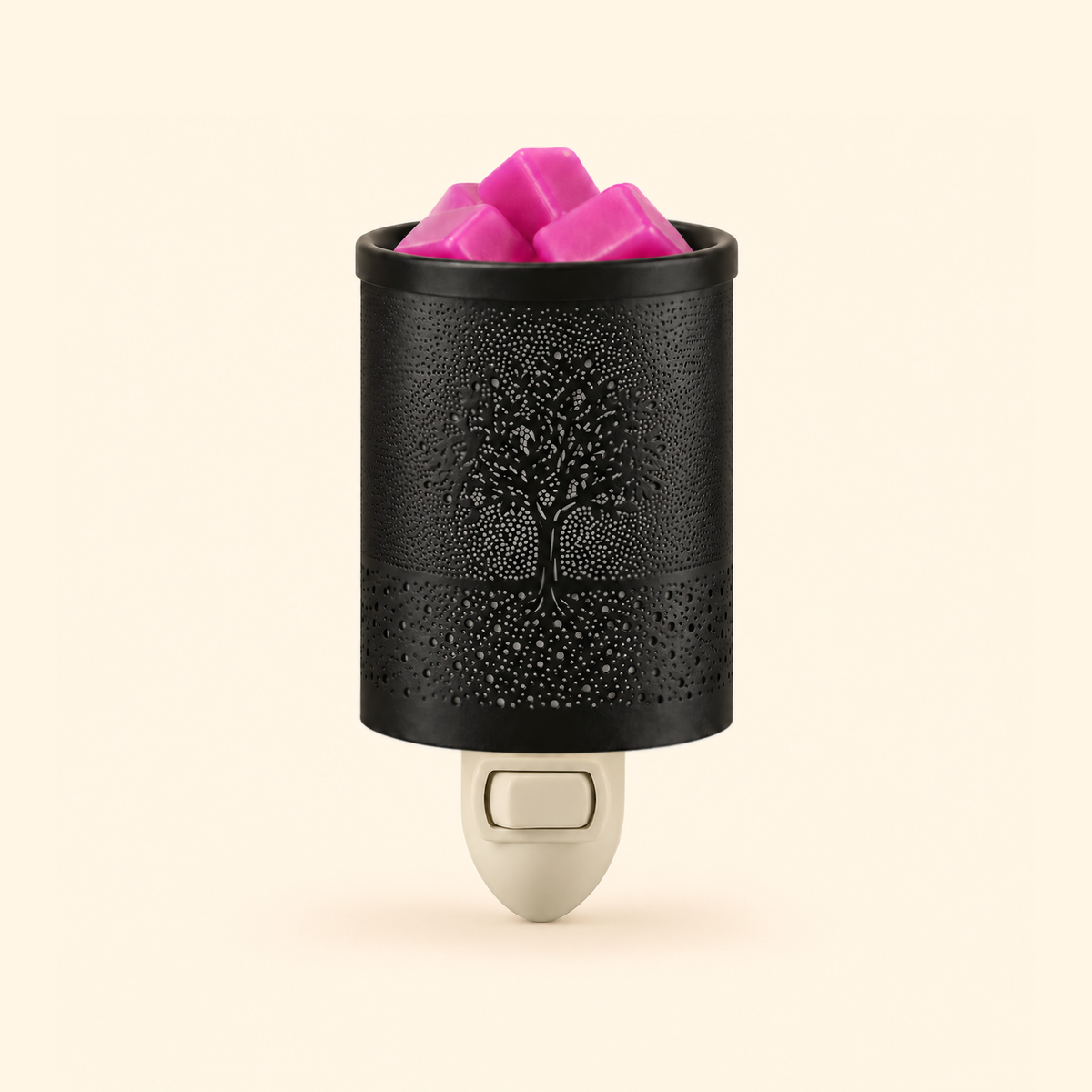 Close-up of the black metal Tree of Life shade with pink wax melts in the top dish.