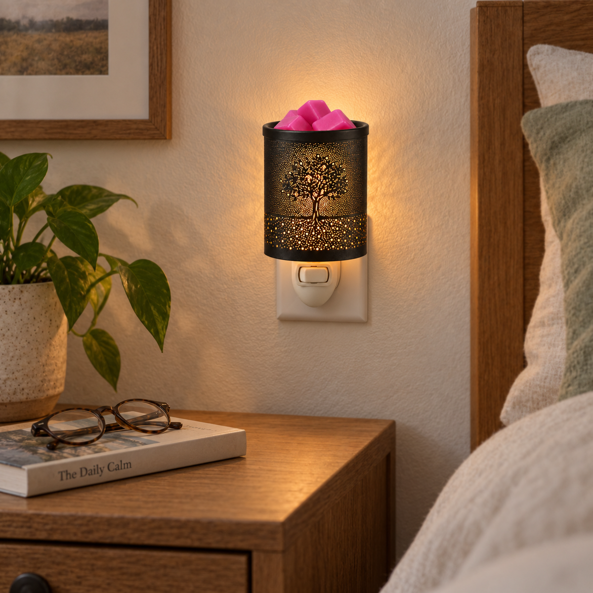 Illuminated Tree of Life wax warmer mounted beside a bedside table in a cozy bedroom.