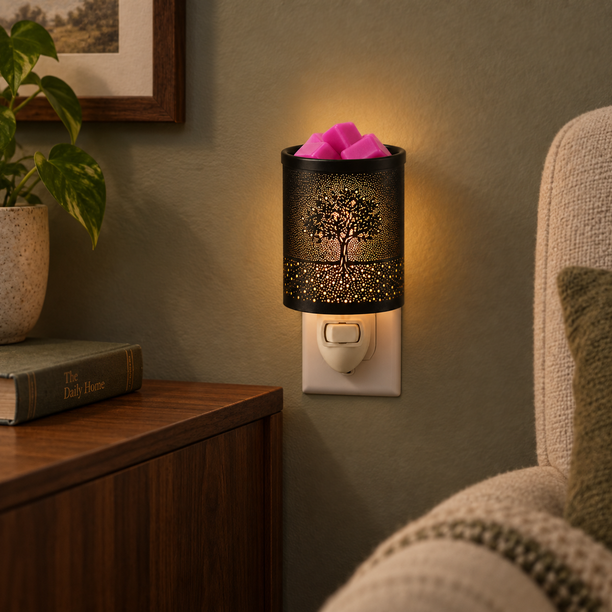Tree of Life plug-in wax warmer glowing warmly from a wall outlet beside a wooden table.