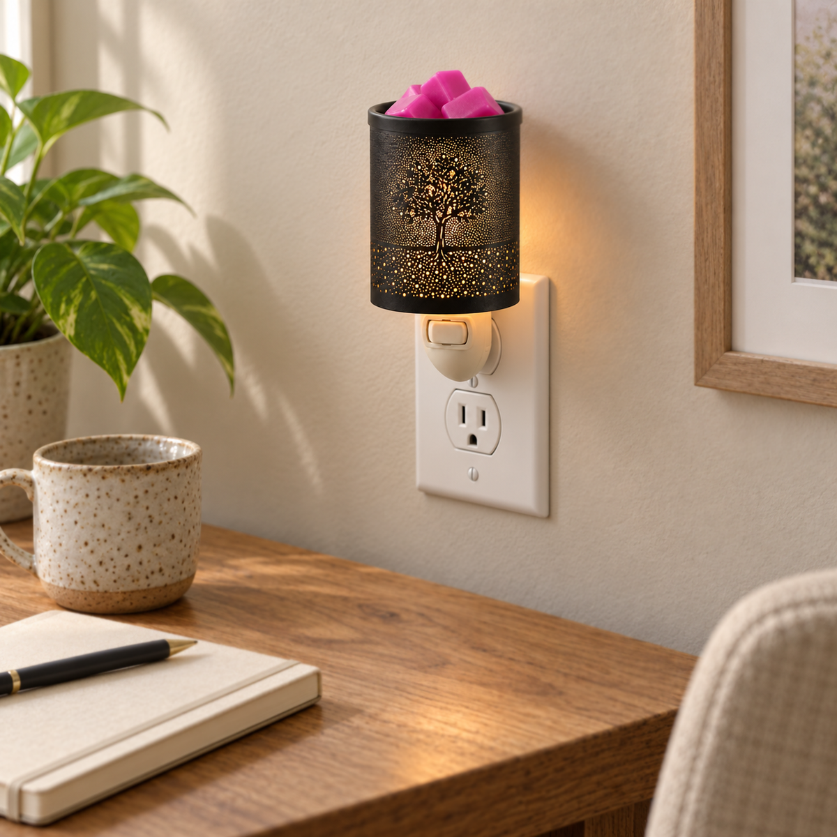 Tree of life patterned plug-in wax warmer glowing beside a book and wooden bedside table.