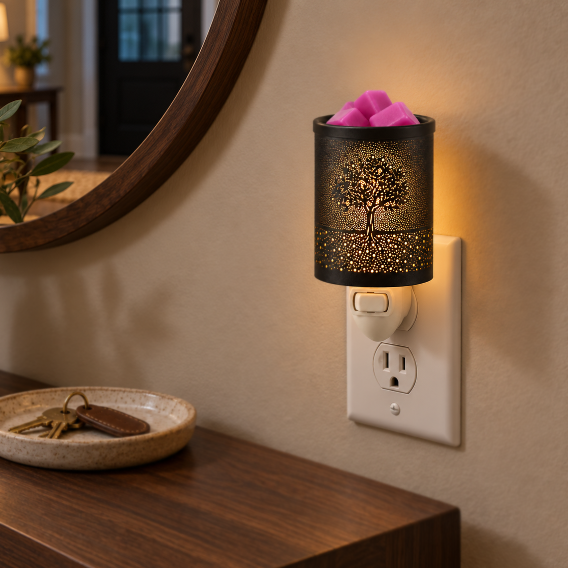 Tree of Life wax warmer casting a warm glow beside a mirror and wooden console table.