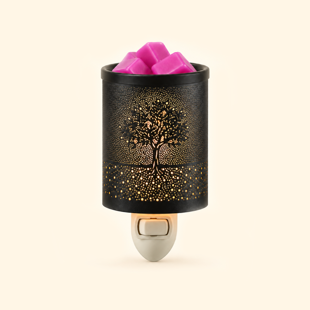 Tree of Life Pluggable Wax Warmer with black perforated metal shade and pink wax melts, front view.