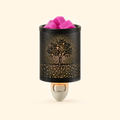 Tree of Life Pluggable Wax Warmer with black perforated metal shade and pink wax melts, front view.
