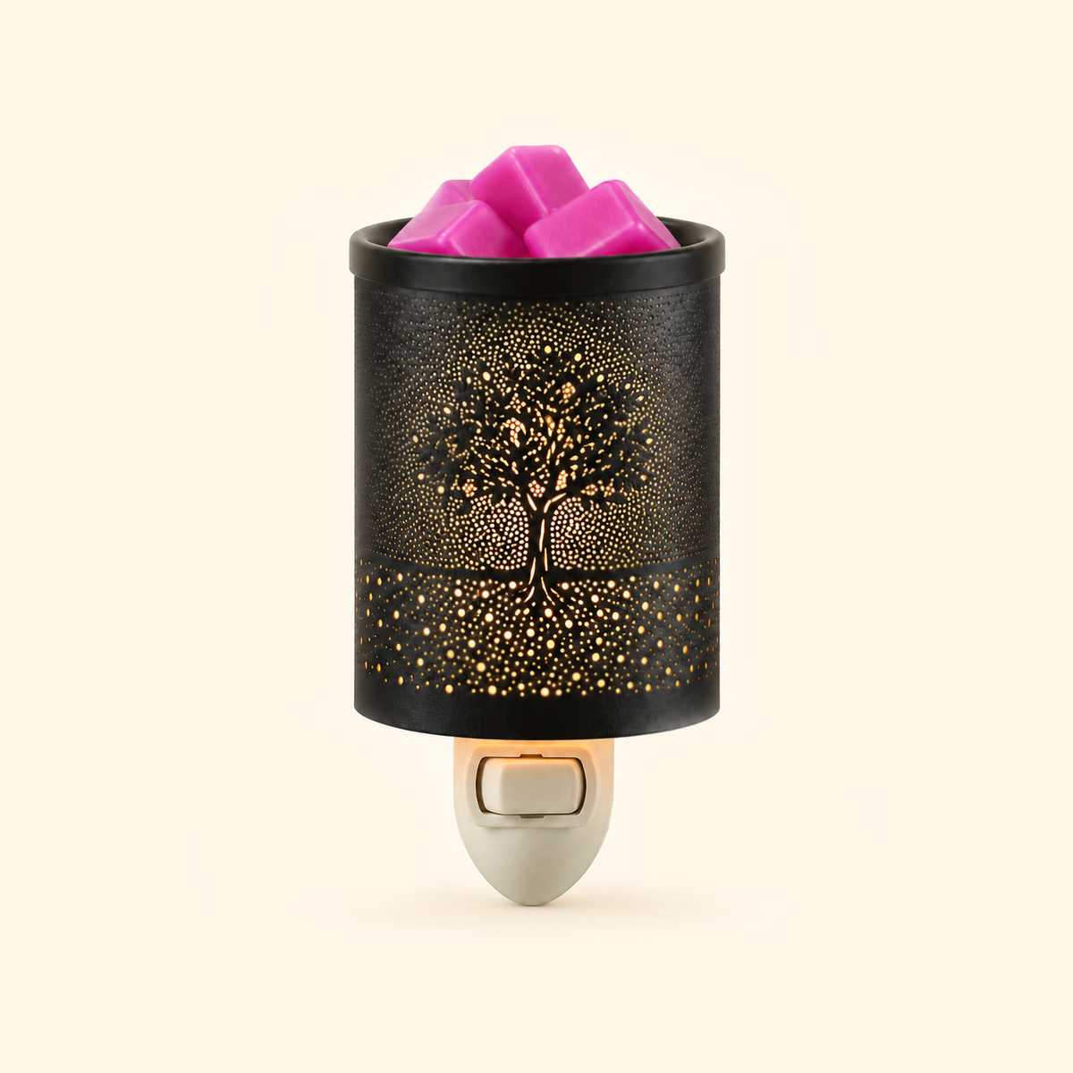 Tree of Life Pluggable Wax Warmer with black perforated metal shade and pink wax melts, front view.