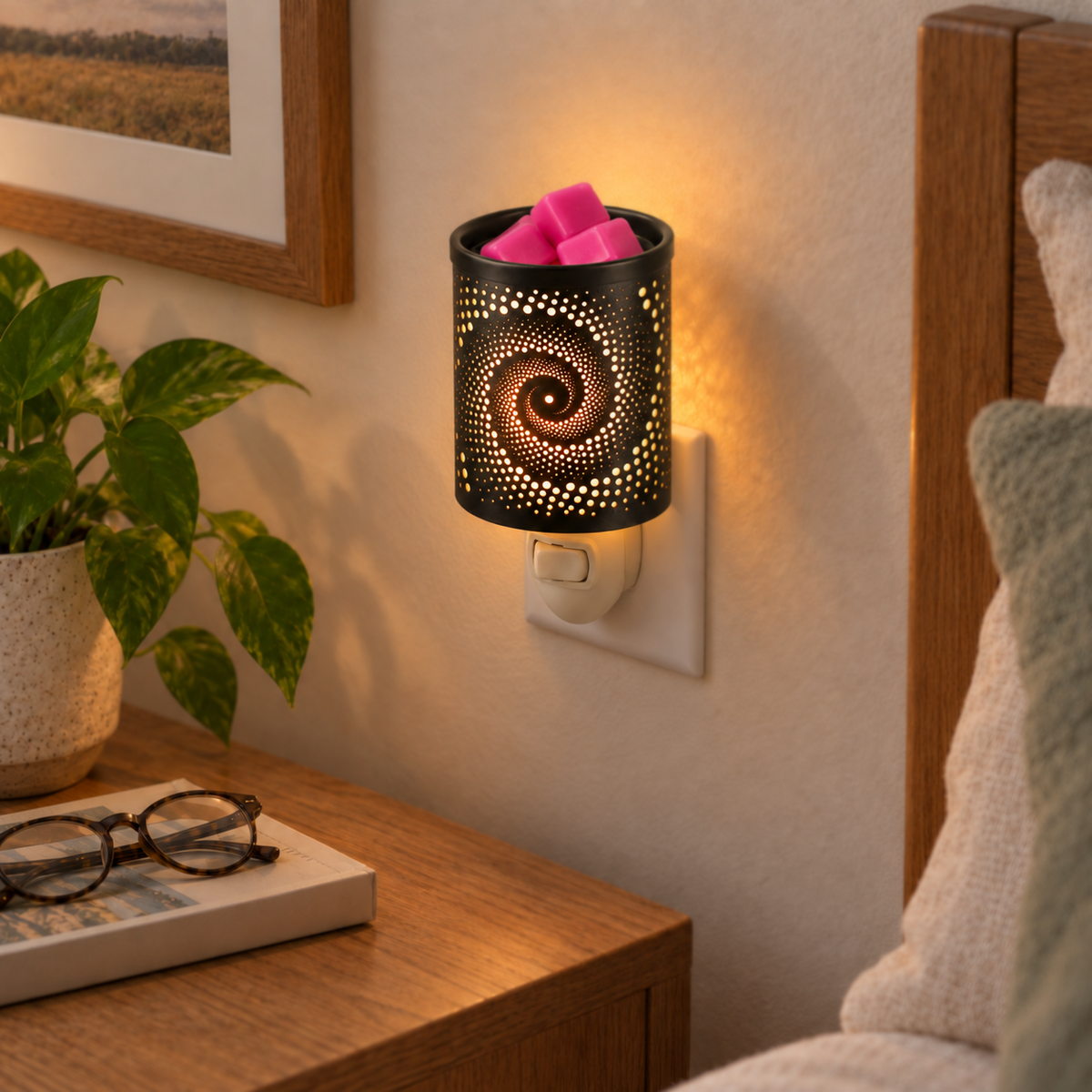 Spiral Galaxy plug-in wax warmer mounted beside a bedside table in a cozy bedroom.