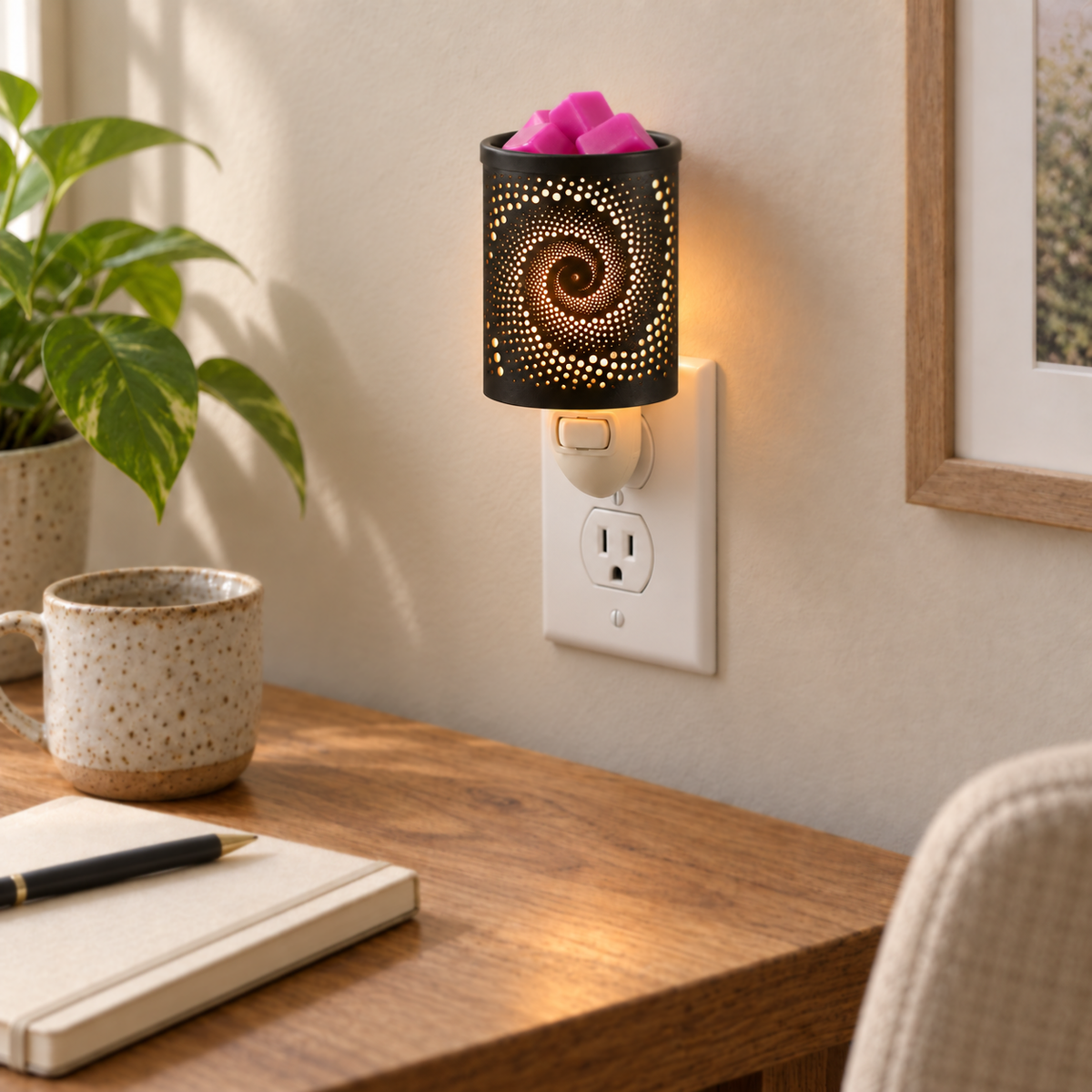 Spiral Galaxy patterned plug-in wax warmer glowing beside a book and wooden bedside table.