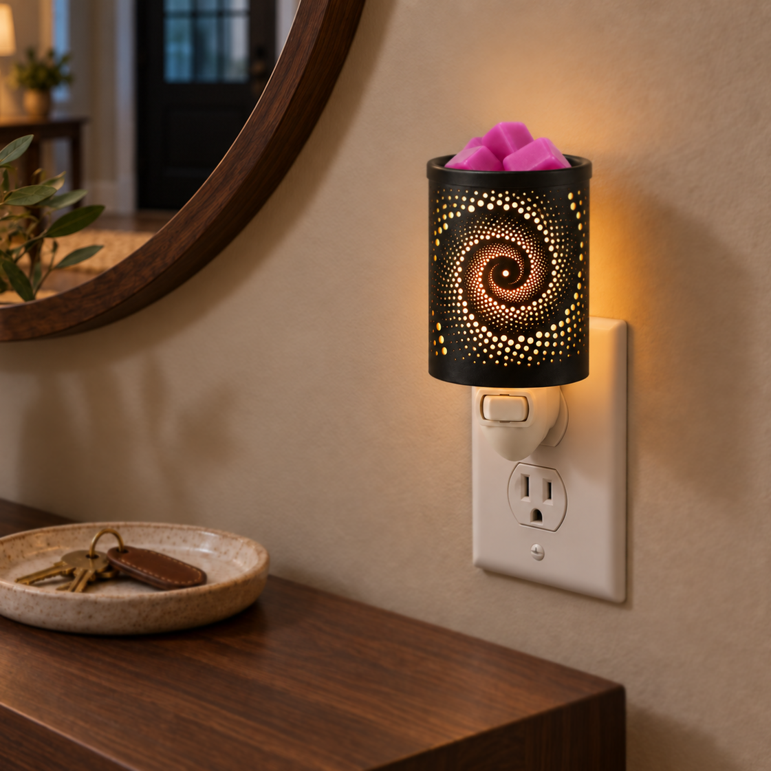 Spiral Galaxy plug-in wax warmer casting a warm glow beside a mirror and wooden console table.