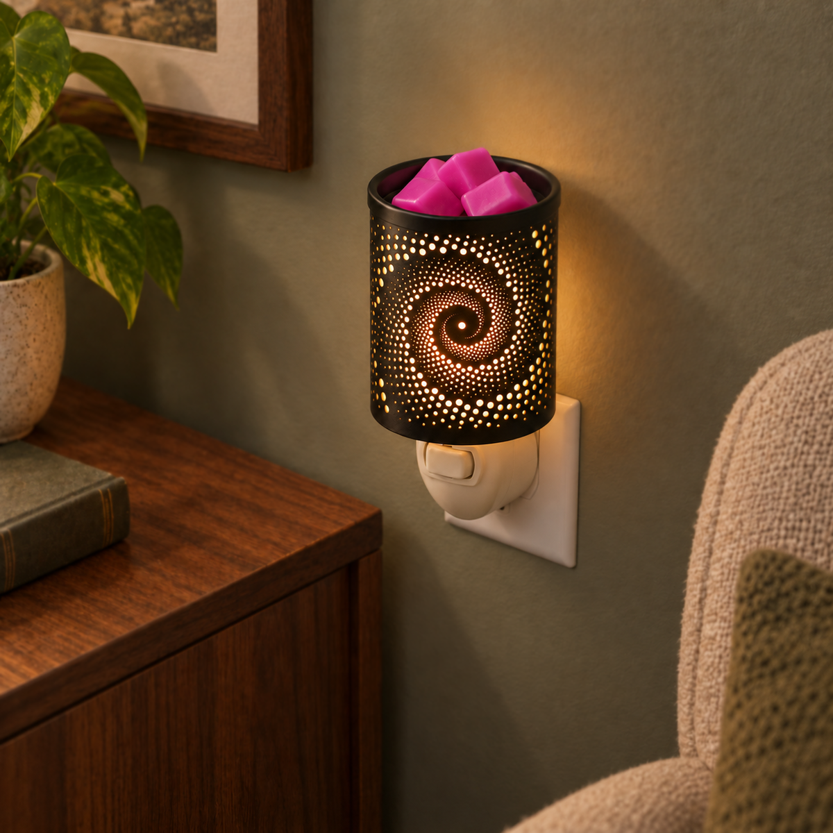 Spiral Galaxy plug-in wax warmer glowing warmly from a wall outlet beside a wooden table.