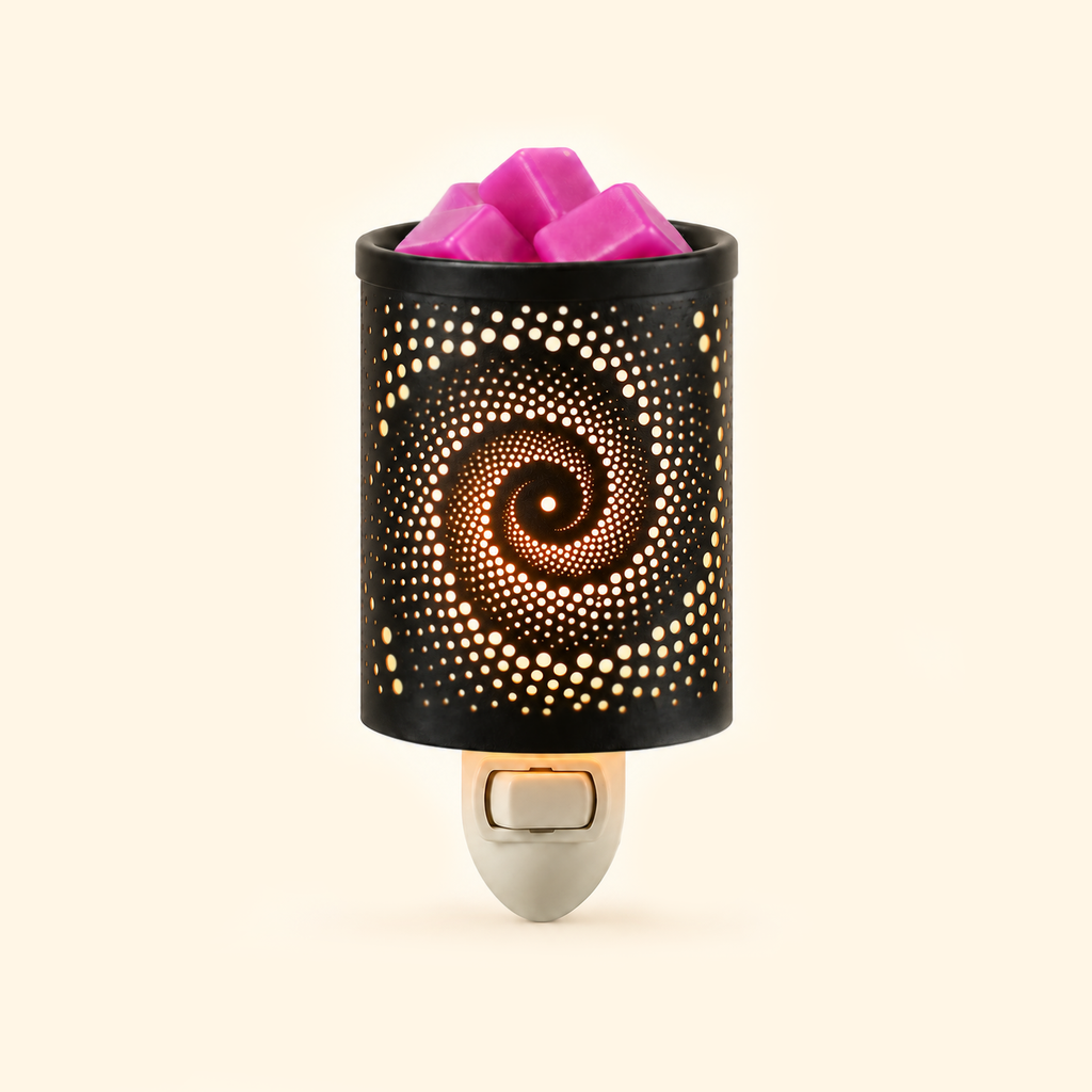 Spiral Galaxy Pluggable Wax Warmer with black metal shade and pink wax melts, front view.